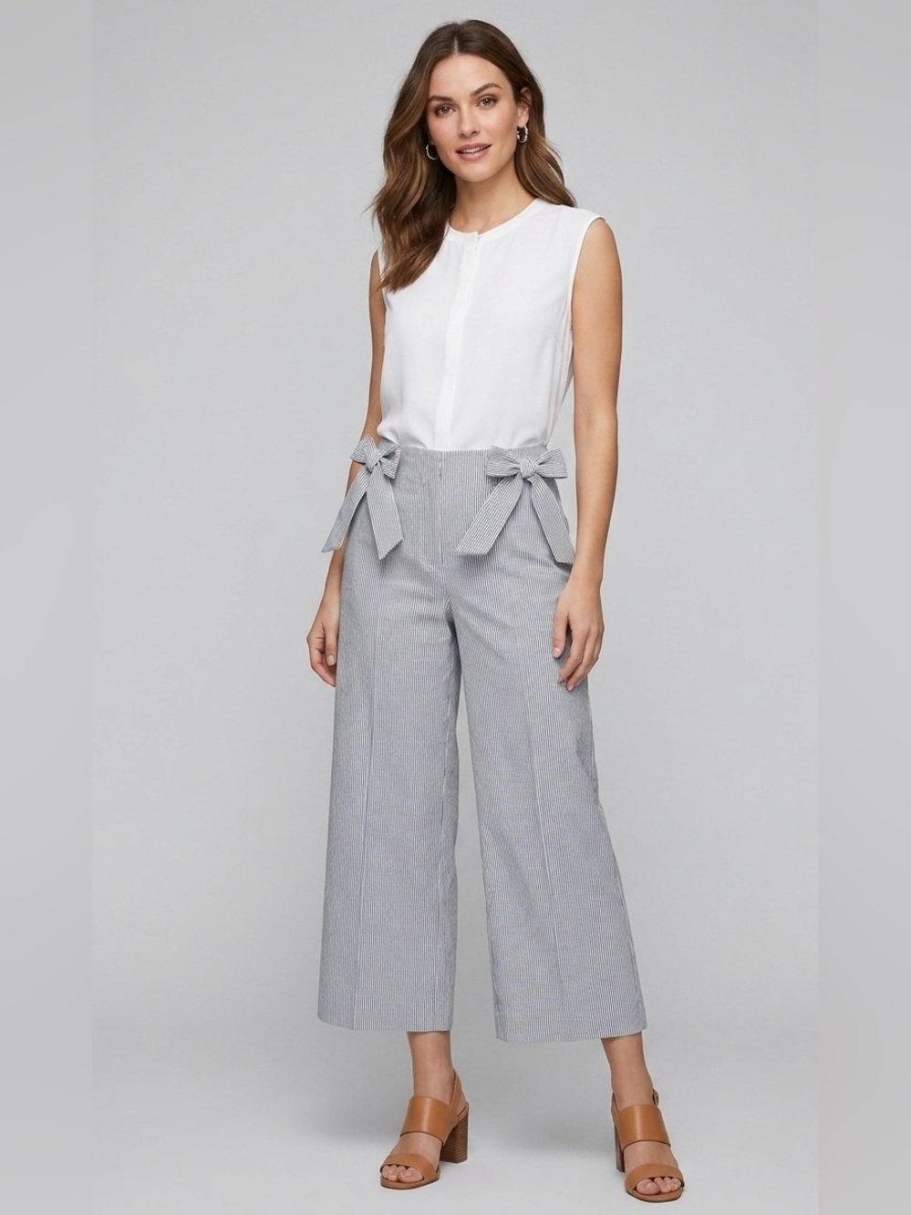 Cece Pinstripe Cropped Wide Leg Pants with Side Bows Size 6 white gray casual